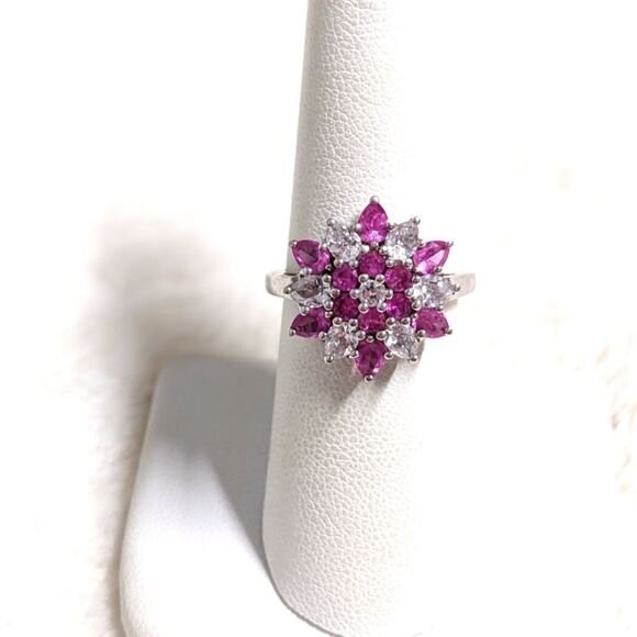 Vintage Pink & White Cubic Zirconia Ring  Rhodium Plated - Picture 1 of 13
